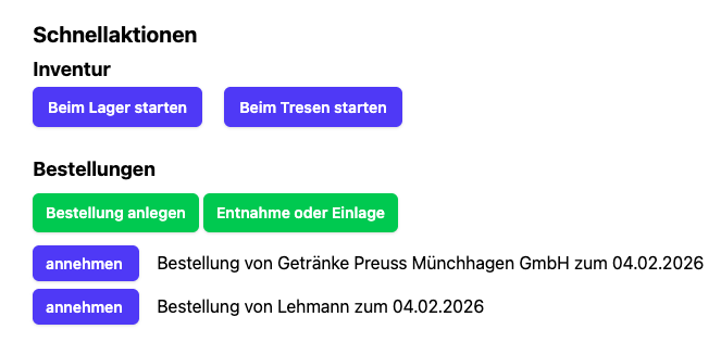 Barvera Dashboard – Schnellaktionen
